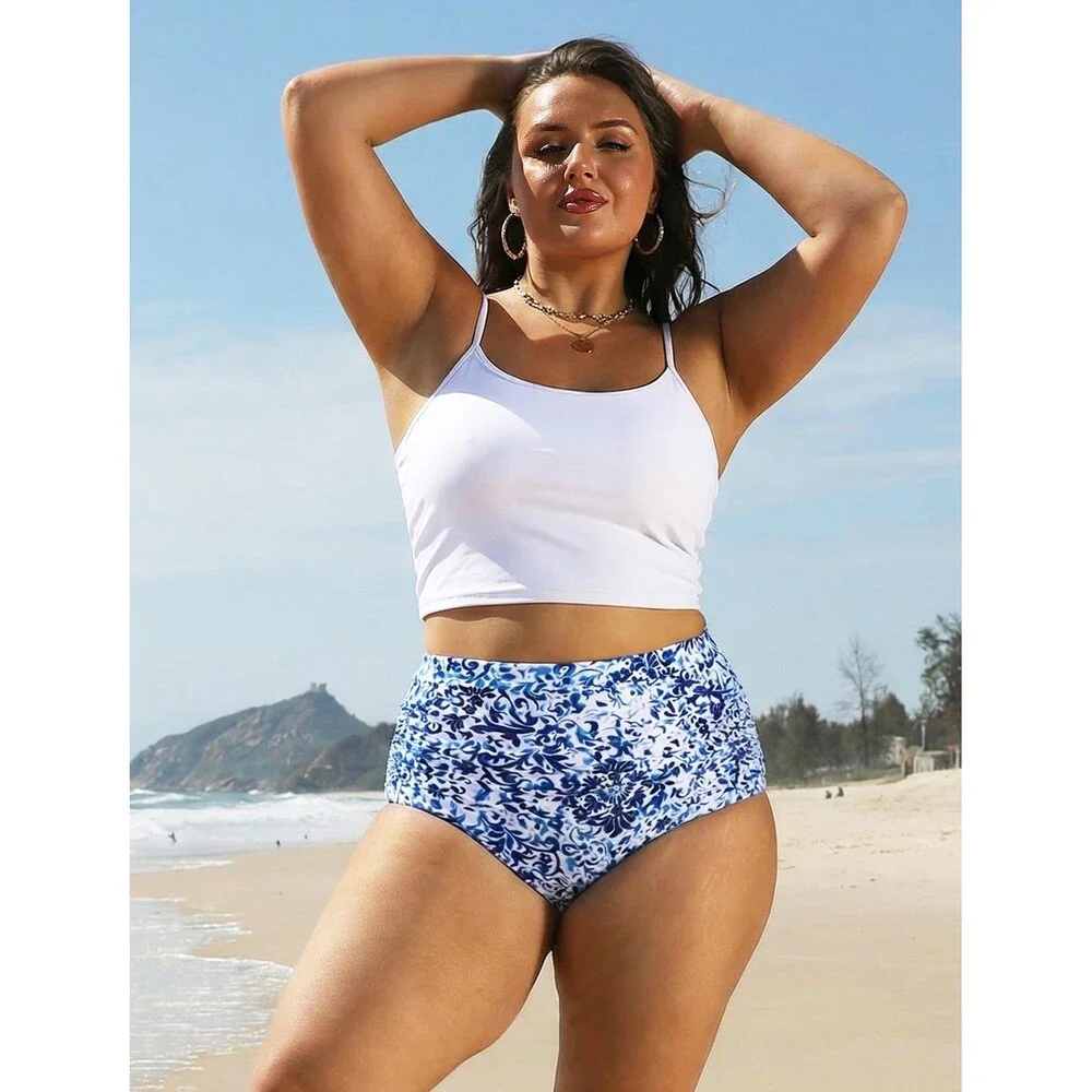 Arolina Blue High Waisted Floral Bikini Bottoms Ruched Tummy Control Swimsuits L